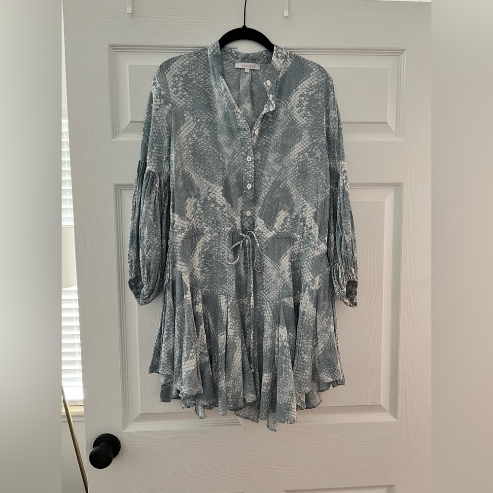 Puff sleeve tie waist blue snake print mini dress/tunic